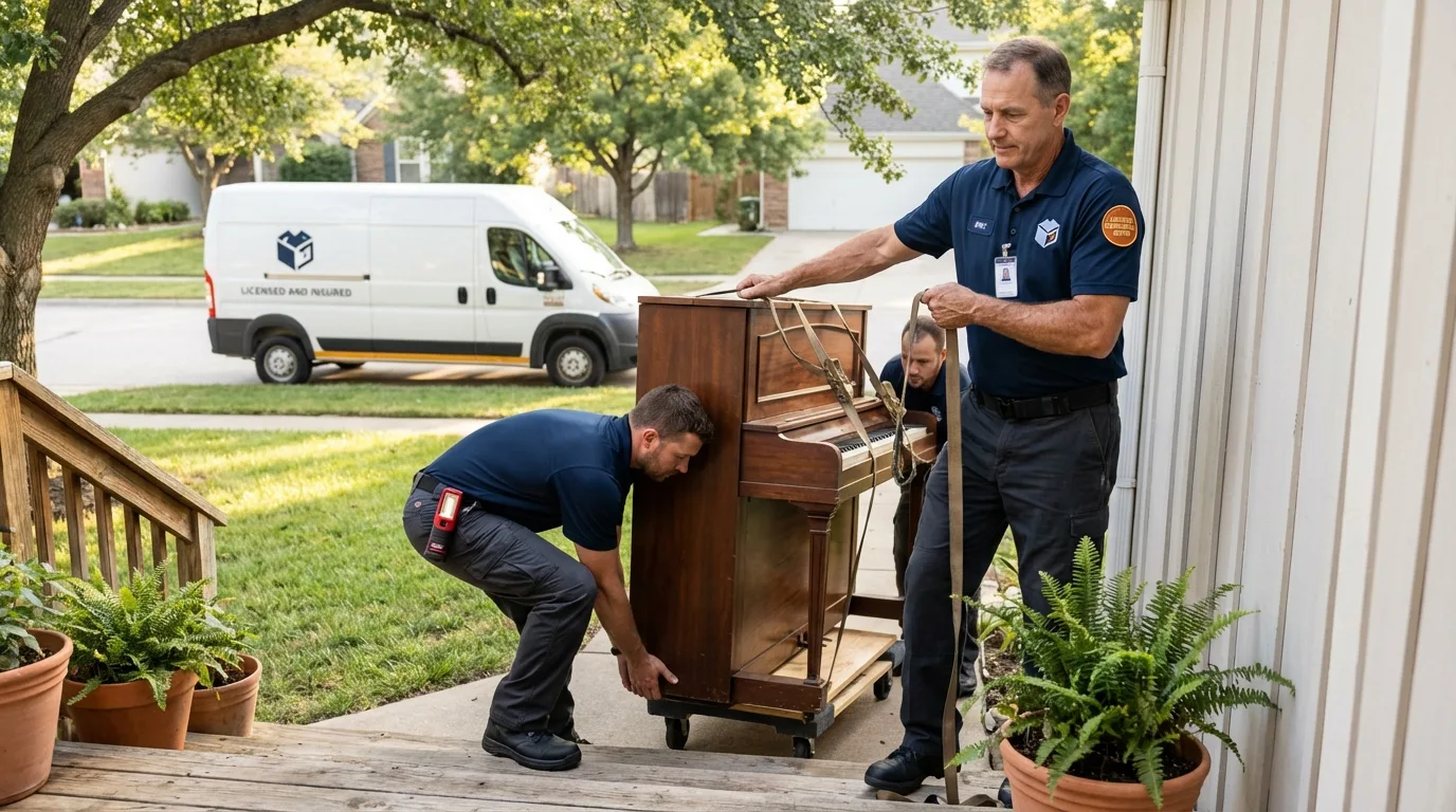 Licensed piano movers securing grand piano in Shelburn, IN