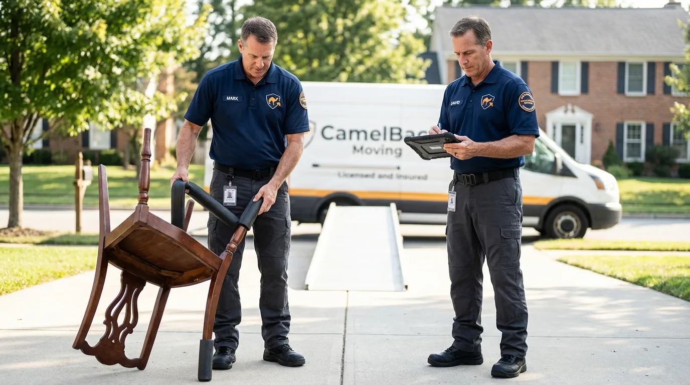 Movers inspecting furniture for damage prevention before loading in Shelburn, IN