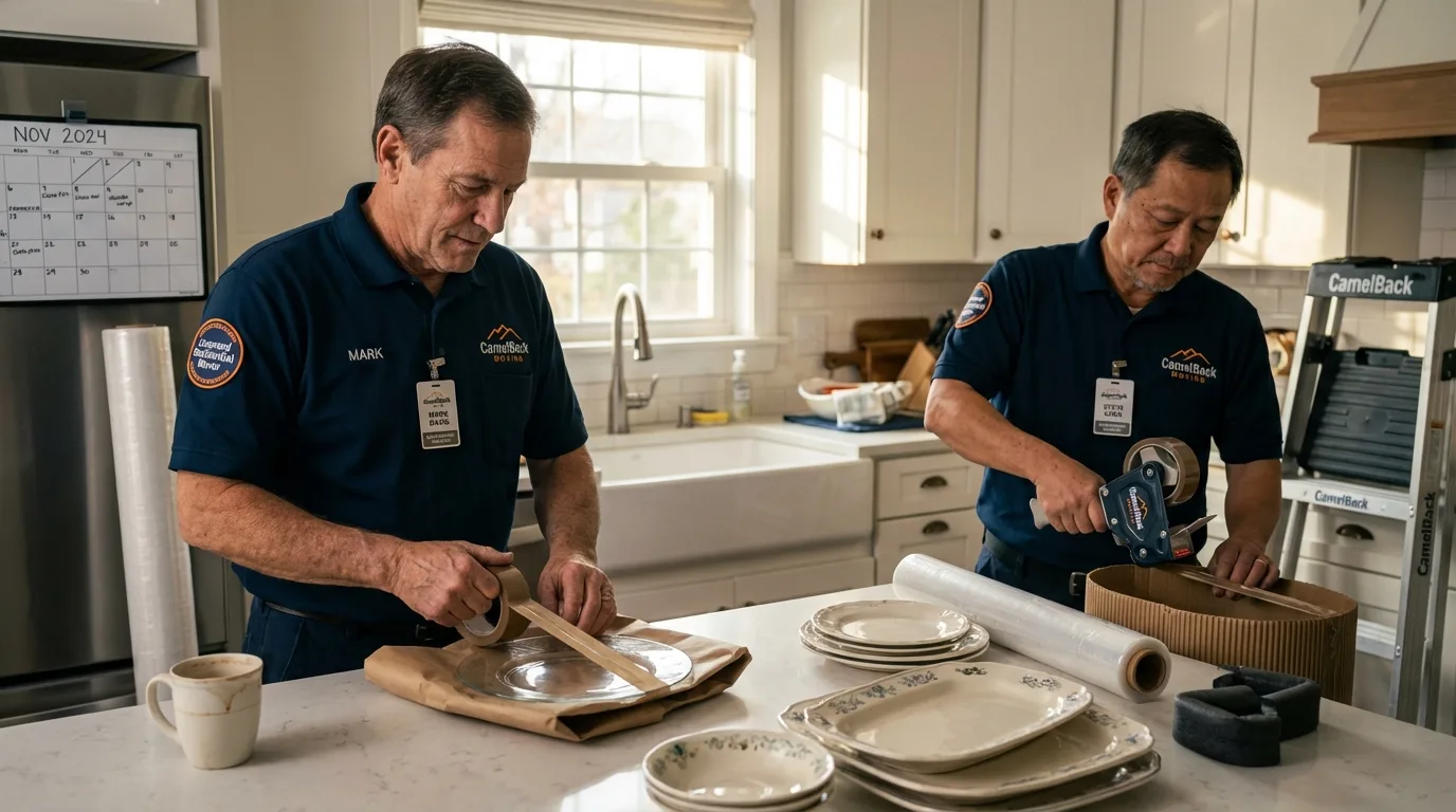 Professional crew packing kitchen dishware in Shelburn, IN